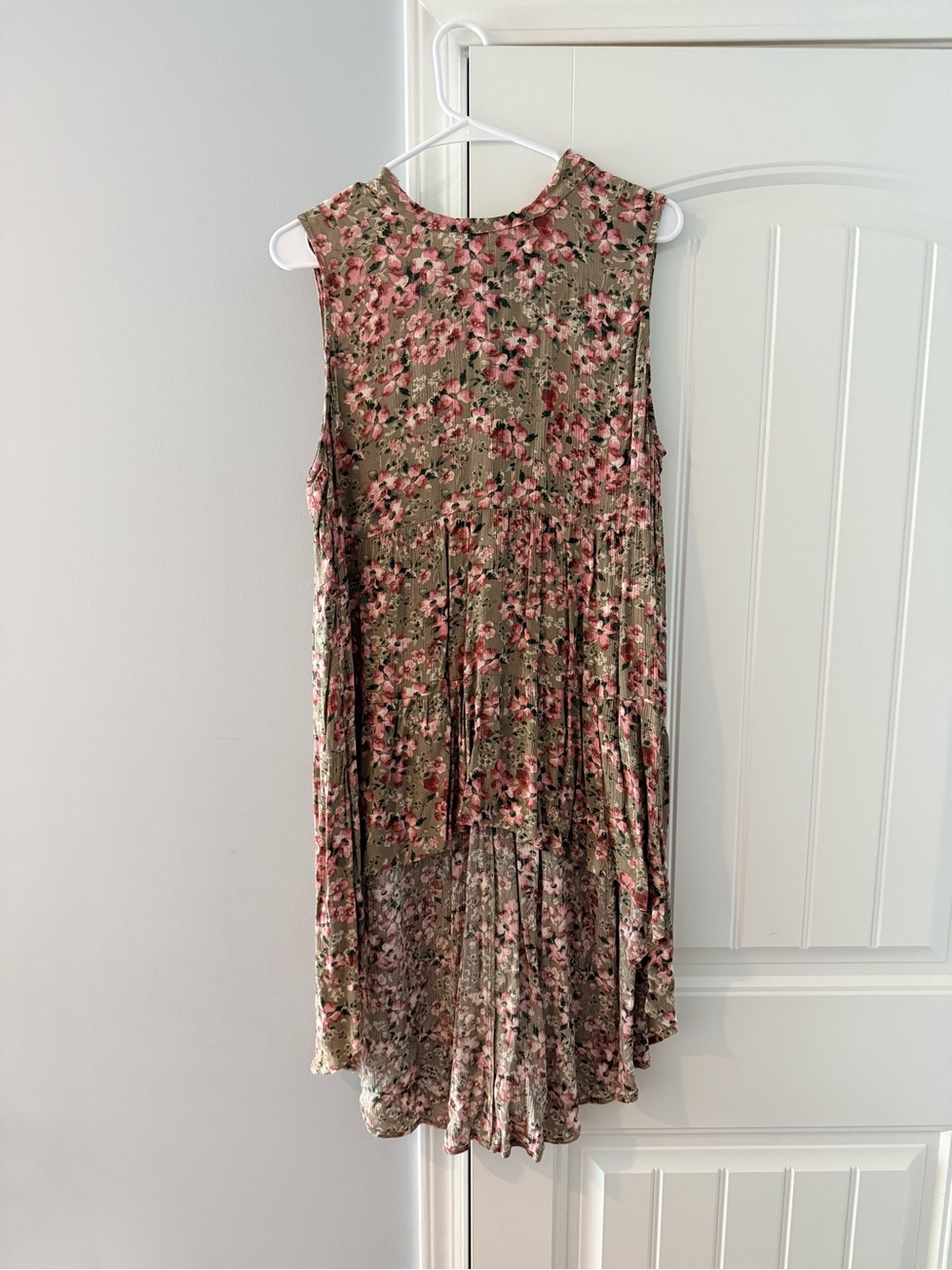 Floral Sleeveless High-Low Dress in Olive Green and Pink